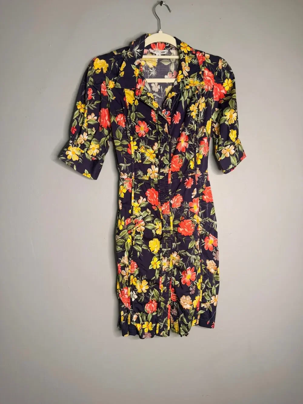 Marissa Webb Black Floral Silk Short Sleeve Button Down Mini Dress Size 8 Multi